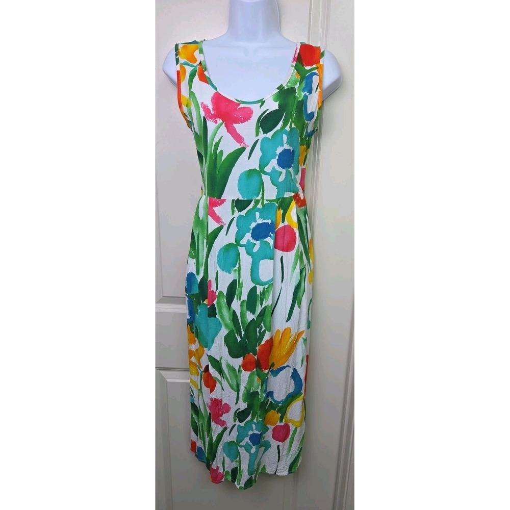 Vtg Jams World Panic White Garden Floral Rayon Sheath Dress XS Made in Hawaii